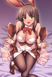 Rule 34 | 1girl, animal ears, bad id, bad pixiv id, bow, bowtie, breasts, brown hair, character request, copyright request, detached collar, fake animal ears, fishnet pantyhose, fishnets, green eyes, highres, large breasts, leotard, looking at viewer, on bed, pantyhose, playboy bunny, rabbit ears, rabbit tail, red bow, red bowtie, shirokuma a, sitting, solo, strapless, strapless leotard, tail, white background, wrist cuffs