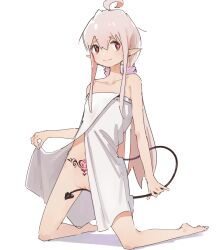 Rule 34 | 1girl, ahoge, alternate species, barefoot, brown eyes, cleft of venus, collarbone, commentary, demon tail, full body, genderswap, genderswap (mtf), grey hair, hair between eyes, heart, heart-shaped pupils, kneeling, long hair, looking at viewer, multicolored hair, onii-chan wa oshimai!, oyama mahiro, pink hair, pointy ears, pubic tattoo, pussy, sidelocks, smile, solo, split mouth, symbol-only commentary, symbol-shaped pupils, tail, tail censor, tattoo, two-tone hair, very long hair, yituonongtang
