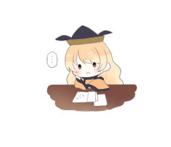 Rule 34 | ..., 1girl, black eyes, black hat, blonde hair, blush, brown hat, cape, chibi, closed mouth, detached sleeves, hair between eyes, hand up, hat, long hair, long sleeves, matara okina, orange cape, orange sleeves, paper, shirt, simple background, solo, table, touhou, umi (nana spring), white background, white shirt