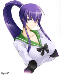 Rule 34 | 1girl, artist name, bow, breasts, busujima saeko, cleavage, collarbone, elbow pads, female focus, gloves, haganef, hair over one eye, high ponytail, highschool of the dead, long hair, looking at viewer, purple eyes, purple hair, school uniform, simple background, smile, solo, uniform, upper body, white background