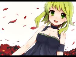 Rule 34 | 1girl, arm garter, bad id, bad pixiv id, breasts, choker, cleavage, female focus, flower, green eyes, green hair, gumi, letterboxed, matching hair/eyes, petals, solo, tank top, vocaloid, white background, yuyupo