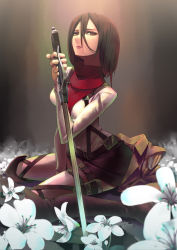 Rule 34 | 1girl, belt, between legs, black eyes, black hair, boots, closed mouth, flower, geolim, gradient hair, hair between eyes, hand between legs, holding, holding sword, holding weapon, jacket, unworn jacket, knee boots, long sleeves, looking at viewer, looking to the side, mikasa ackerman, miniskirt, multicolored hair, pants, pink lips, red eyes, red hair, red scarf, scarf, shingeki no kyojin, shirt, short hair, sitting, skirt, solo, sword, thigh strap, three-dimensional maneuver gear, wariza, weapon, white flower, white pants, white shirt