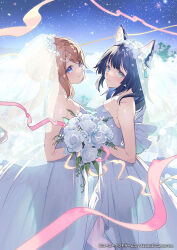 Rule 34 | 2girls, animal ear fluff, animal ears, atelier (series), atelier resleriana, bare shoulders, black hair, blue eyes, bouquet, breasts, bridal veil, bride, brown hair, cat ears, cat girl, cleavage, closed mouth, commentary request, cowboy shot, dress, flower, from side, hair between eyes, hair ornament, hairclip, holding, holding bouquet, izana kokoschka, jewelry, long hair, looking at viewer, medium breasts, multiple girls, necklace, official alternate costume, official art, outdoors, resna sternenlicht, rose, second-party source, short hair, sky, smile, standing, star (sky), starry sky, strapless, strapless dress, umiu geso, veil, wedding dress, white dress, white flower, white rose