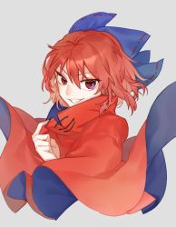 Rule 34 | 1girl, blue bow, bow, cape, grey background, grin, hair bow, high collar, highres, long sleeves, looking at viewer, red cape, red eyes, red hair, red skirt, sekibanki, shidaccc, shirt, short hair, simple background, skirt, smile, solo, touhou