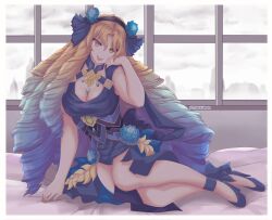 Rule 34 | 1girl, astraea (fate), bare legs, bed, blonde hair, blue hair, breasts, cleavage, fate/grand order, fate (series), flower, hair flower, hair ornament, hairband, highres, indoors, large breasts, long hair, looking at viewer, luviagelita edelfelt, lying, multicolored hair, open mouth, ribbon, smile, solo, takkikun, window, yellow eyes