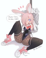 Rule 34 | 1girl, :d, animal ears, armpits, arms up, ass, black leotard, black pantyhose, bow, bowtie, commentary request, detached sleeves, english text, fake animal ears, fishnet thighhighs, fishnets, gloves, grey jacket, hair over one eye, highres, jacket, leotard, noah (tettsui-sole), open mouth, original, pantyhose, pink footwear, pink hair, playboy bunny, rabbit ears, rabbit tail, red bow, sharp teeth, shoes, sitting, smile, sneakers, solo, speech bubble, tail, teeth, thighhighs, thighhighs over pantyhose, upper teeth only, white background, white gloves, white jacket