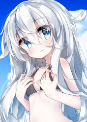 Rule 34 | 1girl, absurdres, bare arms, bare shoulders, bikini, black bikini, blue eyes, blue sky, blush, breasts, cloud, collarbone, hair between eyes, hand on own chest, hibiki (kancolle), highres, kantai collection, light blush, long hair, looking to the side, midriff, petite, rotroto, sky, small breasts, smile, solo, swimsuit, white hair