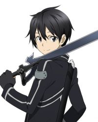Rule 34 | 10s, 1boy, black eyes, black gloves, black hair, fingerless gloves, gloves, hair between eyes, hand on own hip, holding, holding sword, holding weapon, kirito, looking at viewer, looking back, male focus, sheath, simple background, smile, solo, sword, sword art online, upper body, weapon, white background