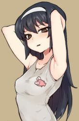 Rule 34 | 10s, 1girl, anglerfish, armpits, arms up, black hair, breasts, brown background, brown eyes, empty eyes, fish, gesugao, girls und panzer, glaring, hairband, jorin, long hair, looking at viewer, parted lips, reizei mako, simple background, small breasts, solo