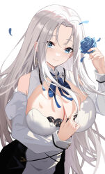 Rule 34 | 1girl, absurdres, azur lane, bare shoulders, blue eyes, blue flower, blue ribbon, blue rose, breasts, chinese commentary, cleavage, closed mouth, clothing cutout, commentary, cowboy shot, cross, cross earrings, dress, earrings, falling petals, flower, hand up, highres, holding, holding flower, jewelry, large breasts, long hair, long sleeves, looking at viewer, low neckline, neck ribbon, parted bangs, petals, ribbon, rose, rose petals, shoulder cutout, sidelocks, simple background, smile, solo, standing, tns-yoru, very long hair, white background, white dress, white hair, yorktown (azur lane), yorktown ii (azur lane)
