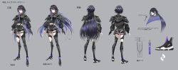 Rule 34 | 1girl, absurdres, arms at sides, asymmetrical clothes, black gloves, black hair, blue eyes, blue hair, buckle, character sheet, choker, earrings, from behind, full body, gloves, gradient hair, grey background, highres, jewelry, kamitsubaki studio, koko (vtuber), multicolored hair, multiple views, navel, pouch, serious, shoes, short shorts, shorts, single glove, snap-fit buckle, sneakers, standing, swav, thigh pouch, translation request, virtual youtuber
