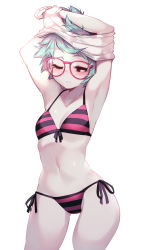 Rule 34 | armpits, arms up, bikini, blue hair, blush, breasts, clothes lift, glasses, halterneck, lifting own clothes, mika (paroro), negative frames, one eye closed, parororo, shirt lift, shirt over head, short hair, side-tie bikini bottom, small breasts, solo, string bikini, striped bikini, striped clothes, swimsuit, white background, wide hips