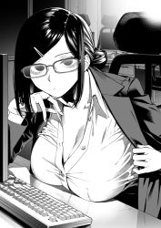 Rule 34 | 1girl, breast rest, breasts, breasts on table, buttons, chair, cleavage, closed mouth, collarbone, collared shirt, commentary request, desk, dress shirt, expressionless, fingernails, glasses, greyscale, hair bun, hair ornament, hairclip, hands up, head rest, highres, ice reizou, indoors, jacket, jewelry, keyboard (computer), large breasts, long sleeves, looking at viewer, monitor, monochrome, no pupils, office, office lady, on chair, open clothes, open jacket, original, parted bangs, partially unbuttoned, reflection, ring, shirt, short hair, single hair bun, sitting, solo, upper body