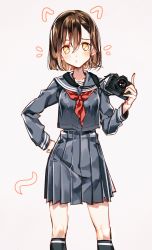 Rule 34 | 1girl, bad id, bad pixiv id, black sailor collar, black serafuku, black shirt, black skirt, black socks, blouse, brown hair, camera, hair between eyes, hand on own hip, highres, holding, holding camera, kneehighs, long sleeves, looking at viewer, mangsii, neckerchief, no pupils, original, pleated skirt, red neckerchief, sailor collar, school uniform, serafuku, shirt, short hair, simple background, skirt, socks, solo, white background, yellow eyes