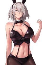 Rule 34 | 1girl, absurdres, animal ears, azur lane, bare arms, bare shoulders, black shirt, blue eyes, bow, bowtie, breasts, brown pantyhose, cleavage, collarbone, cowboy shot, crop top, detached collar, dice, fake animal ears, garter straps, grey hair, hairband, half-closed eyes, hand up, highres, holding, large breasts, leotard, liaowen, midriff, mole, mole on breast, navel, pantyhose, parted lips, playboy bunny, rabbit ears, revealing clothes, shirt, short hair, simple background, sleeveless, sleeveless shirt, solo, stomach, washington (azur lane), white background