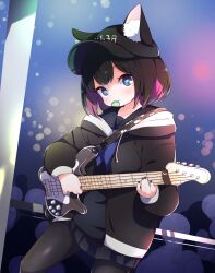 Rule 34 | 1girl, animal ear fluff, animal ears, baseball cap, black hair, black hat, black jacket, black nails, black pantyhose, black sailor collar, black serafuku, black shirt, black skirt, blue eyes, blue neckerchief, closed mouth, commentary request, done (donezumi), ears through headwear, electric guitar, feet out of frame, guitar, hat, highres, holding, holding instrument, hood, hood down, hooded jacket, instrument, jacket, long sleeves, mouth hold, multicolored hair, nail polish, neckerchief, open clothes, open jacket, original, pantyhose, pink hair, plectrum, puffy long sleeves, puffy sleeves, sailor collar, school uniform, serafuku, shirt, skirt, solo, two-tone hair
