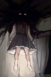 Rule 34 | 1girl, black dress, black eyes, blood, blood on clothes, blouse, boned-woo, ceiling, colored sclera, creepy, curtains, darkness, dress, eyes in shadow, flat chest, floating, highres, horror (theme), indoors, long sleeves, medium skirt, night, red sclera, rumia, shirt, skirt, skirt set, socks, touhou, vest, white shirt, window