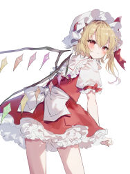 Rule 34 | 1girl, back bow, blonde hair, bloomers, blush, bow, cowboy shot, crystal, flandre day, flandre scarlet, frilled shirt collar, frilled sleeves, frills, from behind, hat, hat ribbon, highres, large bow, looking at viewer, looking back, mob cap, multicolored wings, one side up, petticoat, puffy short sleeves, puffy sleeves, red eyes, red ribbon, red skirt, red vest, ribbon, sailor collar, shirt, short sleeves, simple background, skirt, skirt set, sleeve ribbon, solo, sorani (kaeru0768), touhou, underwear, vest, white background, white bloomers, white bow, white hat, white sailor collar, wings