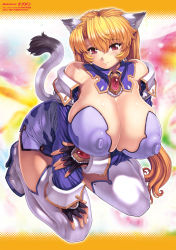 Rule 34 | 1girl, animal ears, bare shoulders, boots, breasts, brown hair, cat ears, cat tail, cleavage, comic unreal, detached collar, dress, covered erect nipples, fingerless gloves, gloves, hand on lap, highres, huge breasts, jewelry, kneeling, long hair, mogudan, puffy nipples, red eyes, short dress, skindentation, smile, solo, tail, thigh boots, thighhighs