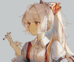 Rule 34 | 1girl, arm strap, bow, cigarette, closed mouth, commentary, fujiwara no mokou, grey background, hair bow, highres, holding, holding cigarette, long hair, long sleeves, misin322, ponytail, red bow, red eyes, simple background, solo, suspenders, touhou, two-tone bow, upper body, white bow, white hair
