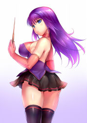Rule 34 | 1girl, ass, back, bare shoulders, black thighhighs, blue eyes, breasts, choker, covered erect nipples, elbow gloves, female focus, from behind, gloves, gradient background, large breasts, long hair, looking at viewer, looking back, malariya, misao (kami no misoshiru), pink gloves, pleated skirt, purple hair, quiz magic academy, sideboob, skirt, solo, thighhighs, wand