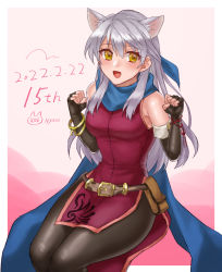 Rule 34 | 1girl, :d, animal ears, anniversary, artist name, bangle, bare shoulders, belt, black gloves, black pantyhose, blue scarf, blush, bracelet, cat ears, clenched hand, clenched hands, cowboy shot, dated, dress, elbow gloves, fake animal ears, fingerless gloves, fire emblem, fire emblem: radiant dawn, gloves, hair ribbon, half updo, hands up, hazuki (nyorosuke), highres, jewelry, leggings, long hair, micaiah (fire emblem), nintendo, open mouth, pantyhose, ribbon, scarf, side slit, signature, silver hair, sitting, sleeveless, sleeveless dress, smile, solo, yellow eyes