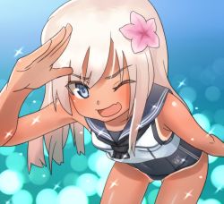 Rule 34 | 10s, 1girl, bad id, bad pixiv id, blue eyes, covered navel, crop top, dakunesu, flower, gradient background, hair flower, hair ornament, highres, kantai collection, light purple hair, long hair, looking at viewer, one-piece tan, one eye closed, open mouth, ro-500 (kancolle), sailor collar, school swimsuit, solo, sparkle, swimsuit, swimsuit under clothes, tan, tanline, thigh gap
