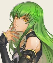 Rule 34 | 1girl, bare shoulders, beige background, belt, breasts, c.c., code geass, green hair, high collar, hungry clicker, long hair, long sleeves, looking at viewer, parted lips, sleeveless, solo, yellow eyes