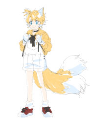 Rule 34 | 1boy, animal ears, banri 0917, blonde hair, blue eyes, closed mouth, commentary request, fox boy, fox ears, fox tail, full body, gloves, highres, hood, hoodie, humanization, korean commentary, long sleeves, male focus, multiple tails, overalls, red footwear, shoes, short hair, shorts, simple background, smile, solo, sonic (series), standing, tail, tails (sonic), two tails, white background, white gloves, white overalls, yellow hoodie