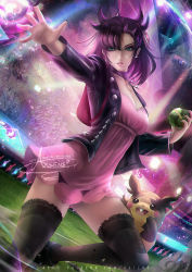 Rule 34 | 1girl, asymmetrical bangs, axsen, black jacket, black nails, black thighhighs, breasts, choker, cleavage, creatures (company), dress, dusk ball, game freak, green eyes, hair ribbon, highres, holding, holding poke ball, jacket, long sleeves, looking at viewer, marnie (pokemon), medium breasts, medium hair, nail polish, nintendo, open clothes, open jacket, outstretched arm, outstretched hand, parted lips, pink dress, pink ribbon, poke ball, pokemon, pokemon swsh, purple hair, ribbon, short dress, solo, sparkle, standing, standing on one leg, thighhighs, zettai ryouiki