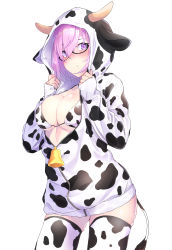 Rule 34 | 1girl, absurdres, alternate costume, animal costume, animal ears, animal print, bell, black-framed eyewear, blush, breasts, cleavage, commentary request, cow ears, cow girl, cow horns, cow print, cow tail, cowbell, cowboy shot, fake animal ears, fake horns, fake tail, fate/grand order, fate (series), glasses, hair over one eye, hands up, highres, hood, horns, large breasts, looking at viewer, m.tokotsu, mash kyrielight, purple eyes, purple hair, short hair, simple background, sleeves past wrists, solo, tail, thighhighs, white background