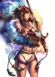 Rule 34 | 10s, 1girl, 2011, artist request, bad deviantart id, bad id, brown eyes, brown hair, chai xianghua, choker, eon forgery, flower, from side, hair ornament, jewelry, midriff, short hair, shorts, signature, solo, soul calibur, soulcalibur, soulcalibur iv, sword, weapon