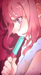 Rule 34 | 1girl, absurdres, blue eyes, blurry, blurry background, blush, commentary request, eating, food, from side, hair over shoulder, hand up, highres, holding, holding food, holding popsicle, kaf (kamitsubaki studio), kamitsubaki studio, long hair, looking down, multicolored eyes, pink background, pink hair, popsicle, portrait, profile, red eyes, rinkiba, shadow, solo, towel, towel around neck, virtual youtuber, wet, wet hair, yellow pupils