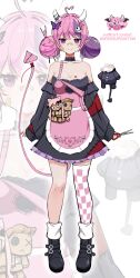 Rule 34 | 1girl, absurdres, ahoge, alternate costume, apron, arms at sides, bandaid, bandaid on face, bandaid on hand, bandaid on nose, bare shoulders, black footwear, boots, breasts, butterfly hair ornament, cdawgva, character doll, checkered thighhighs, choker, cleavage, closed mouth, demon girl, demon tail, doll, double bun, dress, frilled choker, frilled dress, frills, full body, hair bun, hair ornament, hairpin, heart, heart ahoge, heart tattoo, highres, horns, ironmouse, large breasts, long sleeves, multicolored hair, needle, nyatasha nyanners, off-shoulder dress, off shoulder, orobou, patchwork clothes, pink hair, pointy ears, purple eyes, purple hair, ringed eyes, scissors, sewing needle, short dress, single thighhigh, sleeves past wrists, smile, spool, stitches, straight-on, swept bangs, tachi-e, tail, tattoo, thighhighs, two-tone hair, virtual youtuber, vshojo