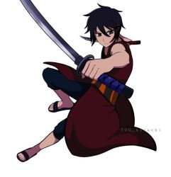 Rule 34 | 1boy, black eyes, black hair, cape, hatsu (tower of god), jumping, long hair, red cape, simple background, solo, sword, tower of god, weapon, white background