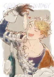 Rule 34 | 1boy, black shirt, blonde hair, bottle, brown gloves, closed eyes, cup, drooling, food, gloves, granblue fantasy, holding, holding food, incoming food, kishiyama, male focus, open mouth, shirt, short hair, solo, upper body, vane (granblue fantasy), wine bottle