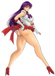 Rule 34 | 1990s (style), 1girl, ass, bare legs, bishoujo senshi sailor moon, bow, breasts, elbow gloves, covered erect nipples, from behind, gloves, high heels, hino rei, large breasts, legs, long hair, long legs, magical girl, miniskirt, no panties, purple hair, sailor collar, sailor mars, shoes, signal-green, skirt, solo, tiara