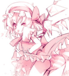 Rule 34 | 1girl, ;p, akanbe, ass, eyelid pull, female focus, flandre scarlet, gotou nao, hat, looking back, monochrome, one eye closed, panties, pantyshot, pink theme, solo, standing, striped clothes, striped panties, tongue, tongue out, touhou, underwear, white background, wink