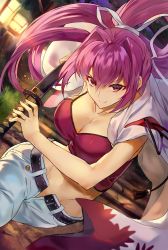 Rule 34 | 1girl, belt, breasts, cape, cleavage, denim, hair ribbon, highres, holding, holding sword, holding weapon, jeans, katana, large breasts, midriff, navel, open fly, pants, ponytail, purple hair, purple tank top, qitoli, red eyes, ribbon, solo, stairs, sword, tank top, under night in-birth, weapon, white ribbon, yuzuriha (under night in-birth)