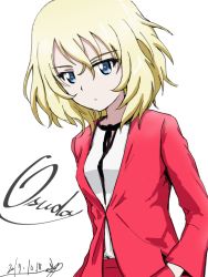 Rule 34 | 10s, 1girl, artist name, blonde hair, blue eyes, bukkuri, casual, character name, closed mouth, cursive, dated, girls und panzer, hands in pockets, jacket, long sleeves, looking at viewer, oshida (girls und panzer), pink jacket, shirt, signature, simple background, solo, standing, upper body, white background, white shirt