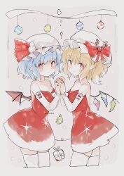 Rule 34 | 2girls, alternate costume, arm warmers, artist name, backless dress, backless outfit, bat wings, blonde hair, blue hair, bow, breasts, christmas, christmas ornaments, christmas tree, cleavage, closed mouth, commentary request, cropped legs, crystal, dress, flandre scarlet, gift, hat, hat bow, hat ribbon, highres, holding hands, looking at viewer, medium breasts, medium hair, mob cap, multiple girls, niseneko (mofumofu ga ienai), pointy ears, pom pom (clothes), red bow, red dress, red ribbon, remilia scarlet, ribbon, siblings, sisters, small breasts, smile, snowman hat ornament, thighhighs, touhou, white headwear, white thighhighs, wings