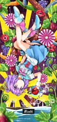 Rule 34 | 1girl, apple, blue dress, blue footwear, blue stripes, bow, bowtie, breasts, commentary request, double bun, dress, flower, flower request, food, fruit, full body, grapes, hair bun, hair ribbon, high heels, highres, holding, holding food, holding fruit, leaf, original, pink bow, pink ribbon, puffy short sleeves, puffy sleeves, purple eyes, purple grapes, purple hair, rainys bill, red apple, red flower, red rose, ribbon, rose, shirt, short hair, short sleeves, small breasts, solo, striped clothes, striped shirt, sunburst, underbust, vertical-striped clothes, vertical-striped shirt, water, white shirt