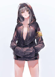Rule 34 | 1girl, absurdres, black jacket, breasts, brown eyes, girls&#039; frontline, grey hair, highres, hood, hoodie, irikawa, jacket, long hair, looking at viewer, medium breasts, no shirt, open clothes, open jacket, open mouth, scar, scar across eye, scar on face, shorts, solo, ump45 (girls&#039; frontline), white background