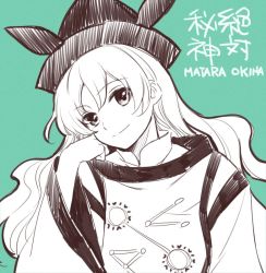 Rule 34 | 1girl, character name, closed mouth, green background, hand on own cheek, hand on own face, hand up, hat, long hair, long sleeves, looking at viewer, makuwauri, matara okina, simple background, smile, solo, tabard, touhou, upper body, wide sleeves