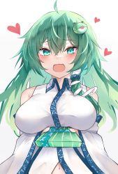 Rule 34 | 1girl, :d, absurdres, ahoge, blush, breasts, collarbone, collared shirt, commentary request, detached sleeves, eyelashes, frog hair ornament, gift, green eyes, green hair, hair between eyes, hair ornament, heart, highres, holding, holding gift, incoming gift, kochiya sanae, large breasts, long hair, long sleeves, looking at viewer, navel, nontraditional miko, open mouth, shirt, sidelocks, simple background, single hair tube, sleeveless, sleeveless shirt, smile, snake hair ornament, solo, standing, sweatdrop, touhou, valentine, wavy mouth, white background, white shirt, white sleeves, wide sleeves, wing collar, yuzi (32745637280)
