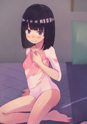 Rule 34 | 1girl, bare arms, bare legs, bare shoulders, black hair, blunt bangs, blush, breasts, closed mouth, highres, himenogi rinze, leotard, looking at viewer, love r, medium hair, saisho no nakama, sitting, small breasts, smile, solo