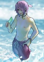 Rule 34 | 1boy, 2n5, food, from above, hair over one eye, highres, looking at viewer, looking up, male focus, male swimwear, medium hair, mikel-kun, nipple piercing, nipples, open mouth, original, partially submerged, piercing, popsicle, purple hair, purple male swimwear, purple swim trunks, shorts, solo, swim trunks, swimsuit, trap, wading, water