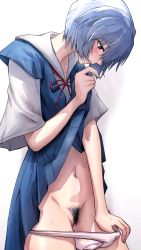 Rule 34 | 1girl, ayanami rei, blue hair, blush, bow, clothes lift, dirty panties, dress, dress lift, female focus, female pubic hair, half-closed eyes, irohasu (csah8525), lifting own clothes, looking down, neon genesis evangelion, open mouth, panties, panty pull, peeing, peeing self, pubic hair, pulling own clothes, purposeful wetting, red eyes, red ribbon, ribbon, school uniform, simple background, stomach, tagme, thighs, tokyo-3 middle school uniform, underwear, white background, white panties