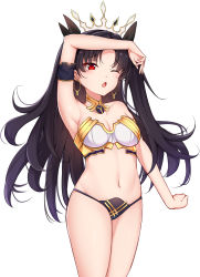 Rule 34 | 1girl, absurdres, bad id, bad pixiv id, bare shoulders, black hair, breasts, catnnn, commentary request, crown, earrings, fate/grand order, fate (series), hair ribbon, highres, hoop earrings, ishtar (fate), jewelry, long hair, looking at viewer, medium breasts, navel, parted bangs, red eyes, ribbon, simple background, smile, solo, two side up, white background
