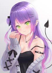 Rule 34 | 1girl, absurdres, armlet, bare shoulders, black camisole, black ribbon, black tank top, blush, breasts, camisole, cleavage, collarbone, colored inner hair, demon girl, demon tail, ear piercing, earrings, gradient hair, green eyes, hair ornament, hair ribbon, hairclip, heart, highres, hololive, jacket, jewelry, long hair, looking at viewer, multicolored hair, necklace, off shoulder, piercing, pink hair, pointy ears, purple hair, ribbon, smile, solo, streaked hair, tail, tank top, tokoyami towa, twintails, uni ikura, virtual youtuber, white jacket